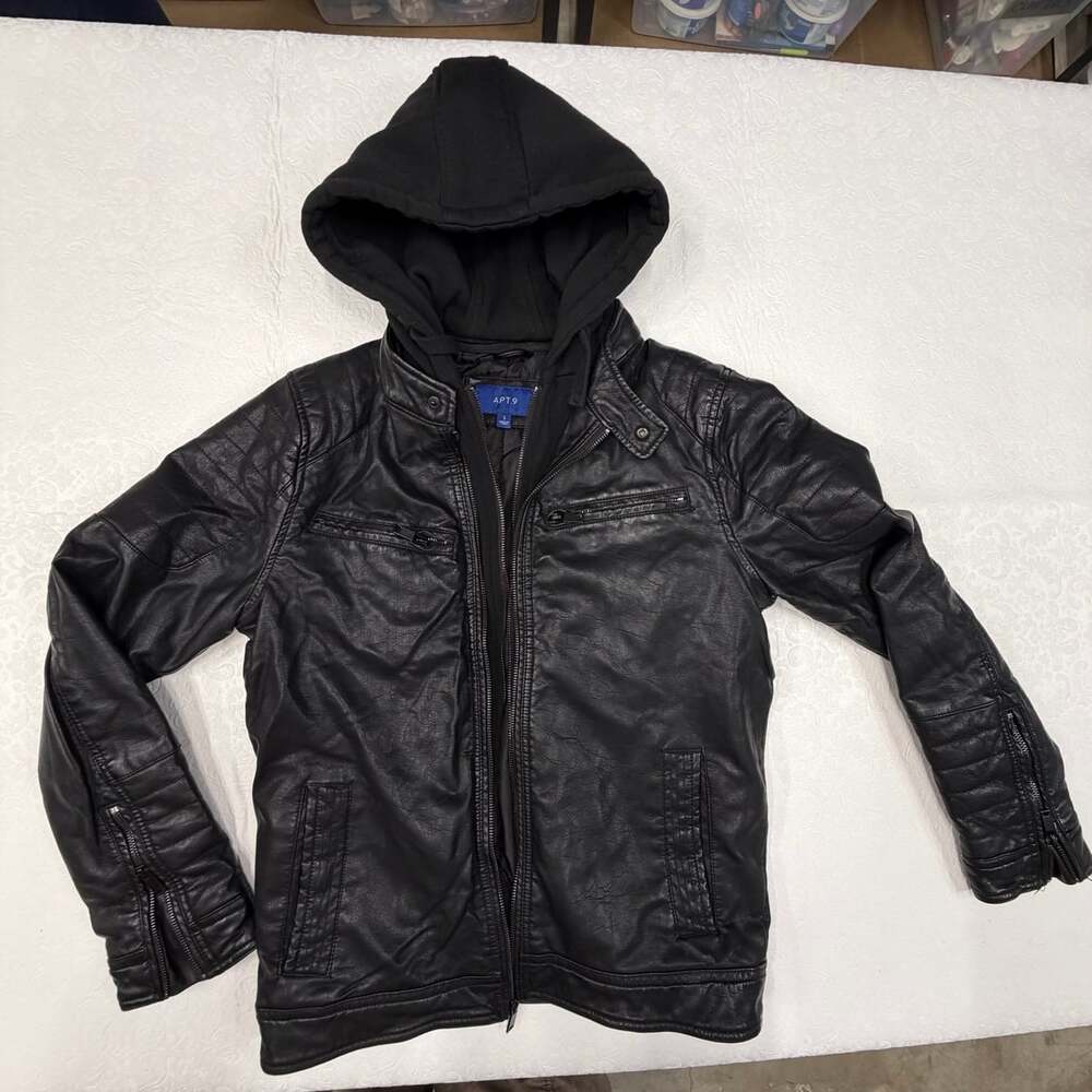 Apt. 9 Mens Black Hooded Imitation Leather Moto Biker Jacket Lined Size S